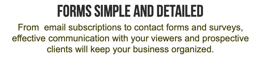 FORMS Simple and Detailed From email subscriptions to contact forms and surveys, effective communication with your viewers and prospective clients will keep your business organized. 